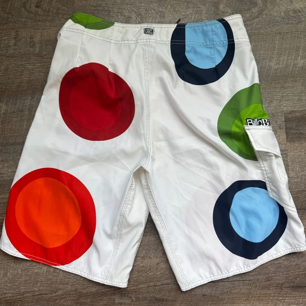 Billabong Vintage Y2K Board Shorts Surf Sz 33 Embroidered White Multi Polka Dot